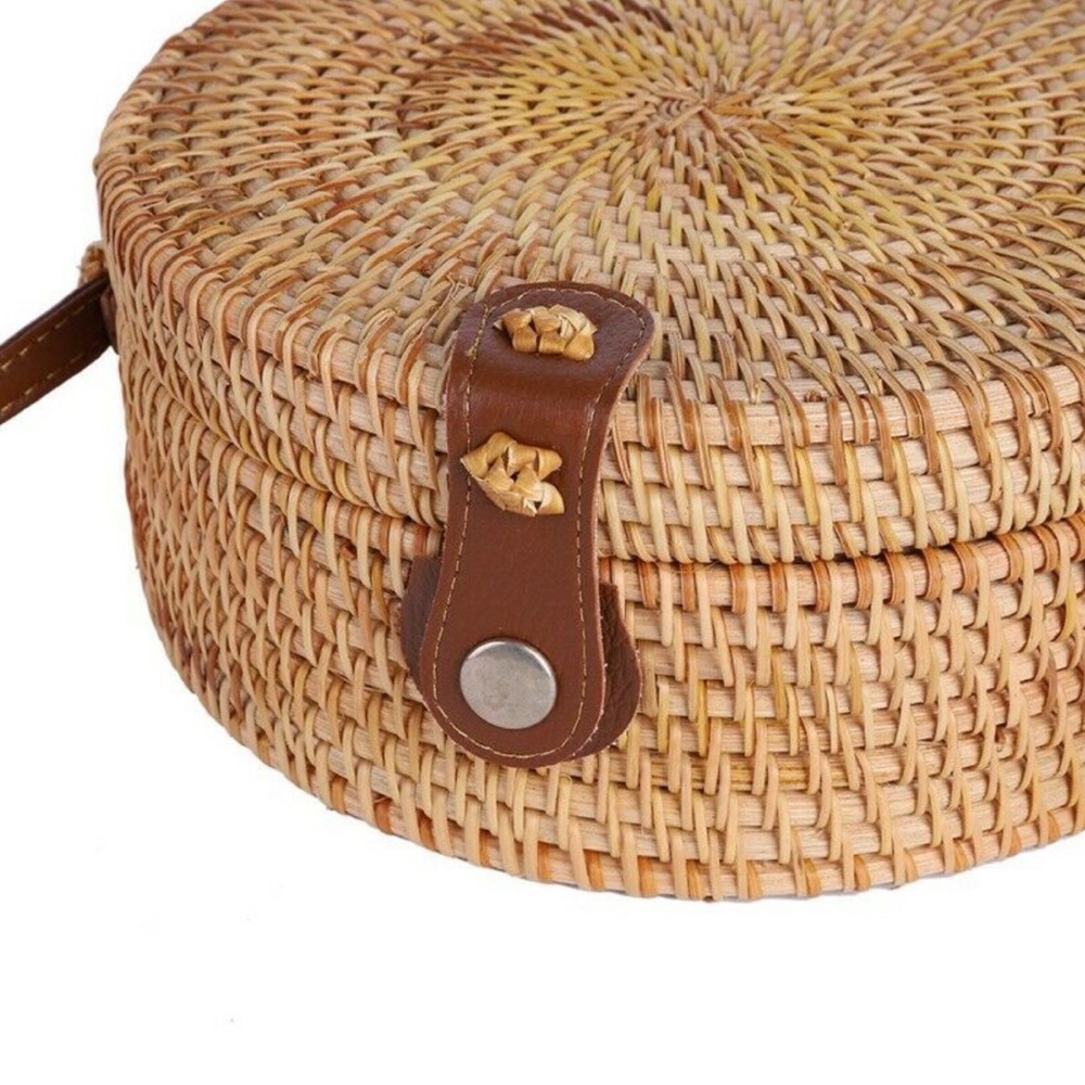 Martha’s Vineyard Round Wicker Brown Rattan Crossbody Handbag - Picture 11 of 13